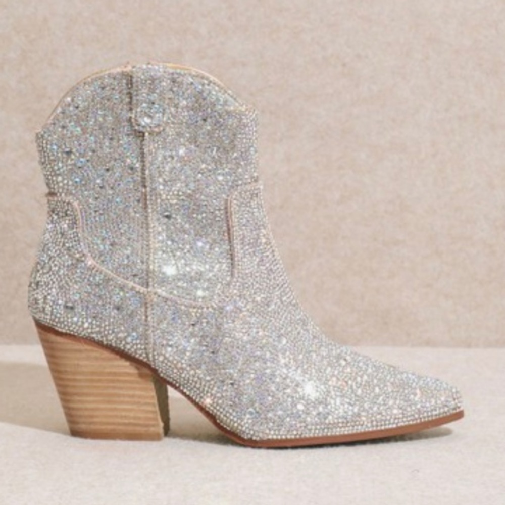 Restock! ANGEL Silver Rhinestone Embellished Ankle Western Heeled Cowboy Boots - Picture 3 of 12